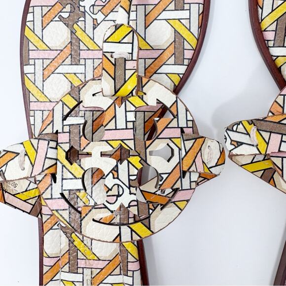 TORY BURCH Welt Pink Yellow Geometric Print Leather Miller Sandal Size 8.5 - Picture 9 of 11